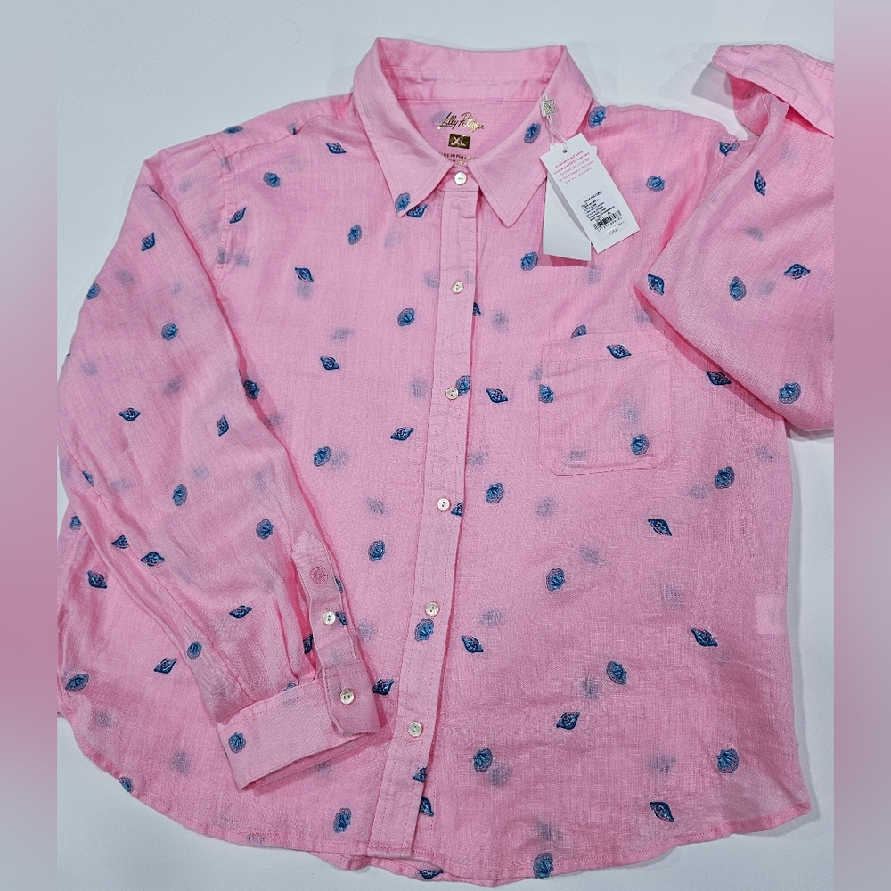 Lilly Pulitzer Pink Button Down Shirt with Blue Floral Accents